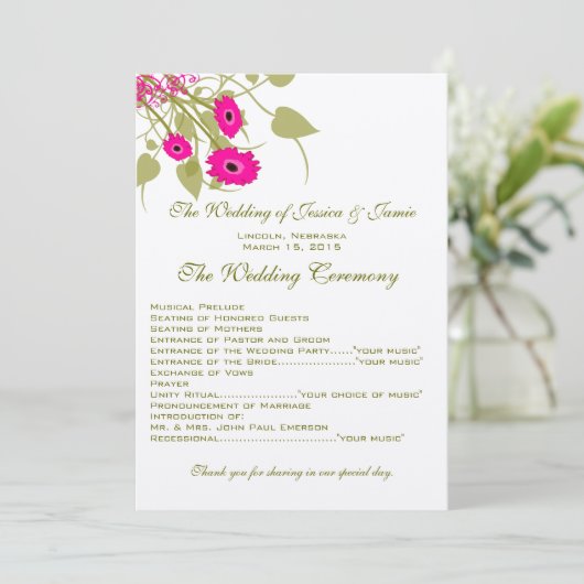 Raspberry Gerbers Wedding Programme Programmakaart (Staand voorkant)