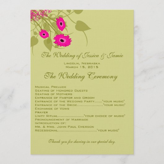 Raspberry Gerbers Wedding Programme Programmakaart (Voorkant)