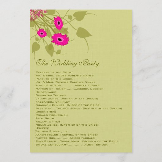 Raspberry Gerbers Wedding Programme Programmakaart (Achterkant)