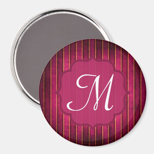 Raspberry Gold Stripe Mod Monogram Initiaal Magnee Magneet (Voorkant / Achterkant)