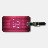 Raspberry Gold Stripe Modern Monogram Bagagelabel (Voorkant horizontaal)