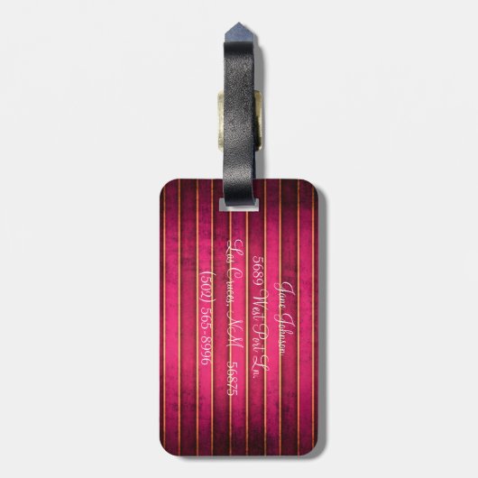 Raspberry Gold Stripe Modern Monogram Bagagelabel (Achterkant verticaal)