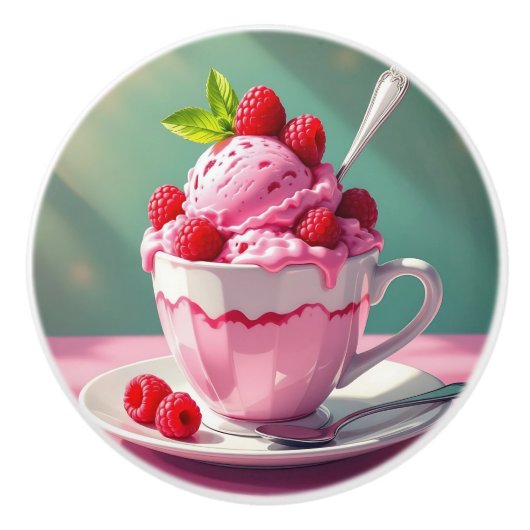 Raspberry Ice Cream in a Pink Coffee Cup Keramische Knop (Voorkant)
