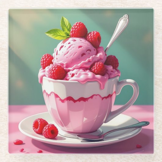 Raspberry Ice Cream in een Roze Koffie Cup Glazen Onderzetter (Voorkant)