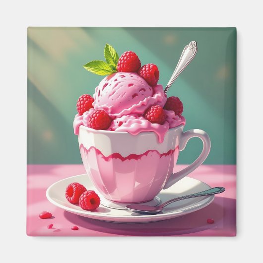 Raspberry Ice Cream in een Roze Koffie Cup Magneet (Voorkant)