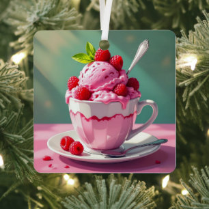 Raspberry Ice Cream in een Roze Koffie Cup Metalen Ornament