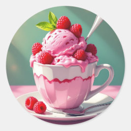 Raspberry Ice Cream in een Roze Koffie Cup Ronde Sticker