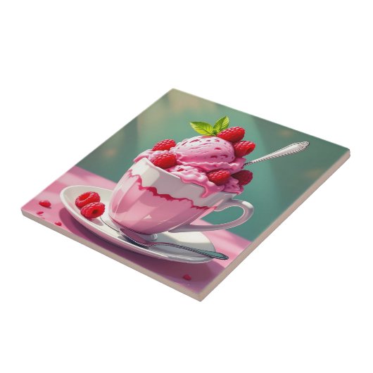 Raspberry Ice Cream in een Roze Koffie Cup Tegeltje (Zijkant)