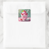 Raspberry Ice Cream in een Roze Koffie Cup Vierkante Sticker (Tas)