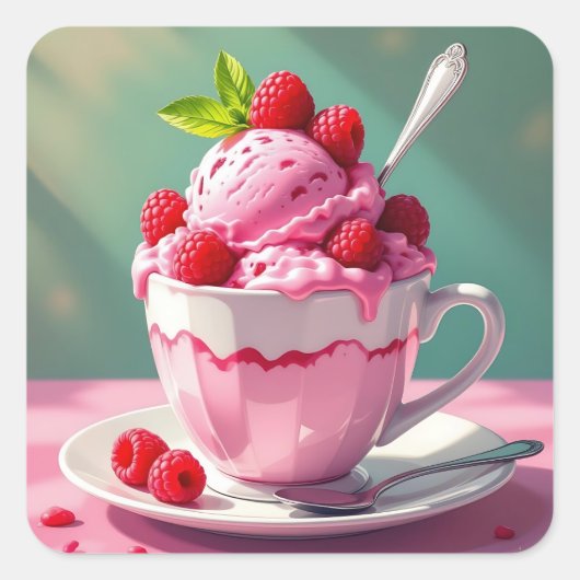 Raspberry Ice Cream in een Roze Koffie Cup Vierkante Sticker (Voorkant)