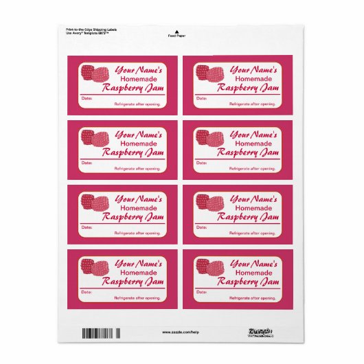 Raspberry Jam Gepersonaliseerd Behoud Label voor J (Full Sheet)