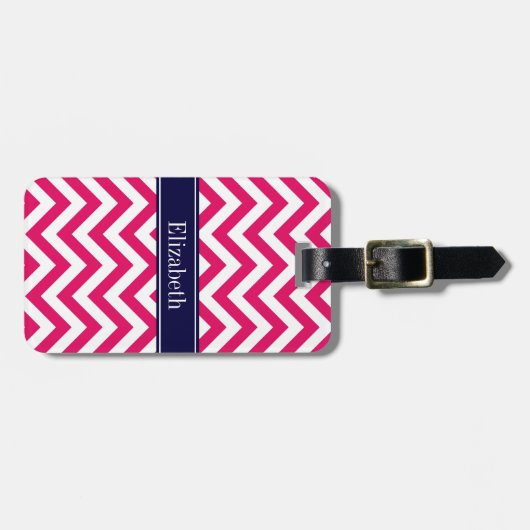 Raspberry Lg Chevron Navy Blue Name Monogram Bagagelabel (Voorkant horizontaal)