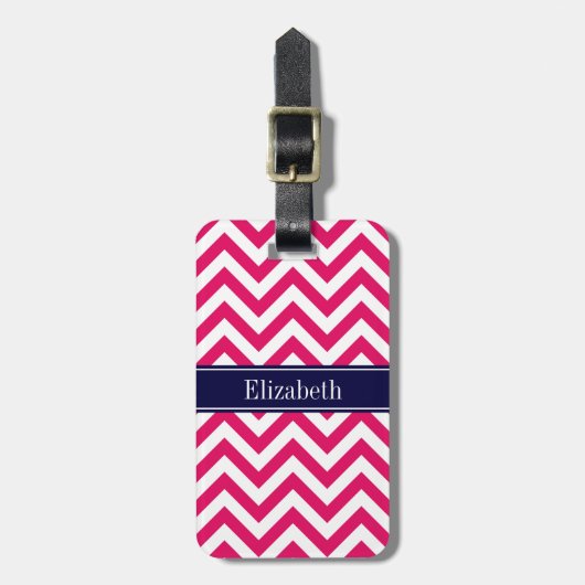 Raspberry Lg Chevron Navy Blue Name Monogram Bagagelabel (Voorkant verticaal)