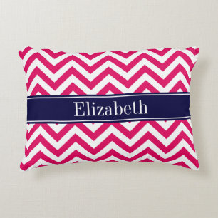 Raspberry Lg Chevron Navy Blue Name Monogram Decoratief Kussen
