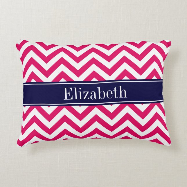 Raspberry Lg Chevron Navy Blue Name Monogram Decoratief Kussen (Voorkant)