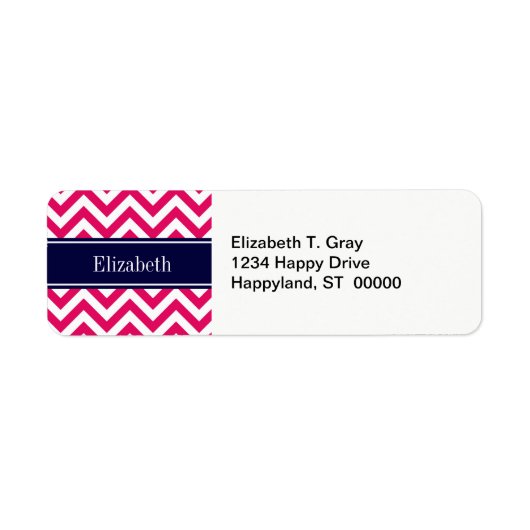 Raspberry Lg Chevron Navy Blue Name Monogram Etiket (Voorkant)