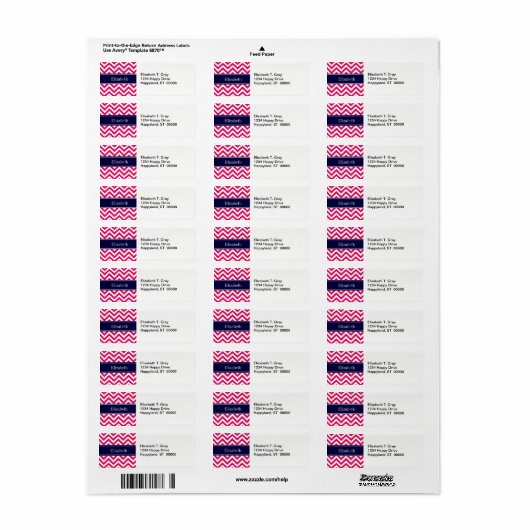 Raspberry Lg Chevron Navy Blue Name Monogram Etiket (Full Sheet)