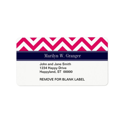 Raspberry Lg Chevron Navy Blue Name Monogram Etiket (Voorkant)