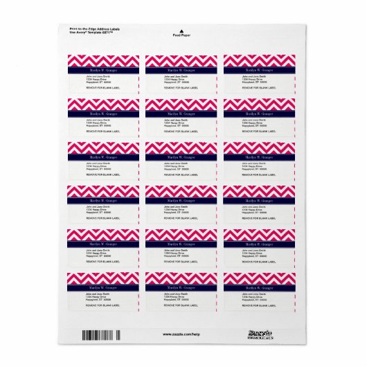 Raspberry Lg Chevron Navy Blue Name Monogram Etiket (Full Sheet)