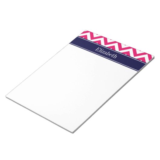 Raspberry Lg Chevron Navy Blue Name Monogram Notitieblok (Schuin)