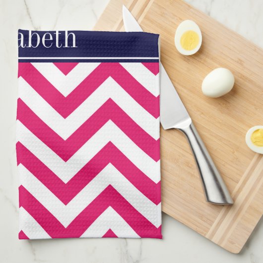 Raspberry Lg Chevron Navy Blue Name Monogram Theedoek (Quarter Fold)