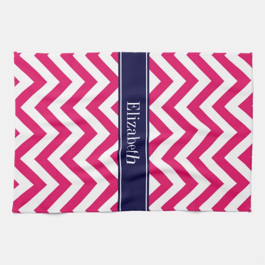 Raspberry Lg Chevron Navy Blue Name Monogram Theedoek (Horizontaal)