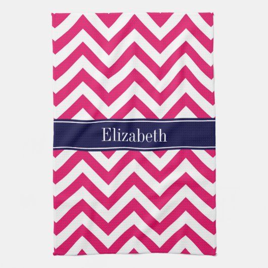 Raspberry Lg Chevron Navy Blue Name Monogram Theedoek (Verticaal)