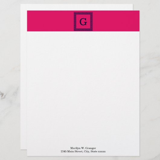 Raspberry, Navy Blauw Griekse sleutel #1 ingelijst Custom Briefhoofd (Voorkant / Achterkant)