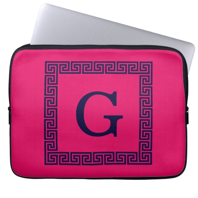 Raspberry, Navy Blauw Griekse sleutel #1 ingelijst Laptop Sleeve (Voorkant)