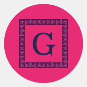 Raspberry, Navy Blauw Griekse sleutel #1 ingelijst Ronde Sticker