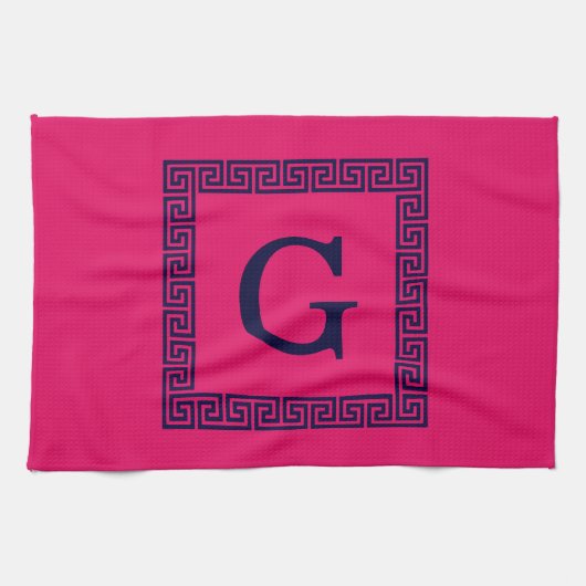 Raspberry, Navy Blauw Griekse sleutel #1 ingelijst Theedoek (Horizontaal)