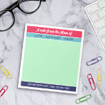 Raspberry Navy Mint Een Notitie Van De Moeder Van Notitieblok<br><div class="desc">Colorblock notitieblok voor terug naar school met een notitie van moeder van [de namen van uw kinderen] aan de bovenkant en jouw naam en telefoonnummer aan de onderkant in een combinatie van een retro script en een tijdloos schreefloos lettertype met kleurblokken van framboos rood, turkoois, mintgroen en marineblauw voor een...</div>