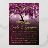 Raspberry Paars Heart Leaf Tree Gold Weddenschap Folie Uitnodiging (Voorkant)