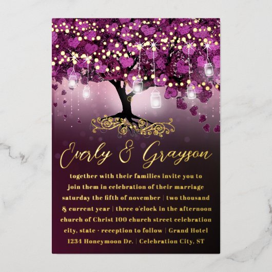 Raspberry Paars Heart Leaf Tree Gold Weddenschap Folie Uitnodiging (Voorkant)