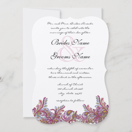 Raspberry Paisley Damask Wedding Invitations Kaart (Voorkant)