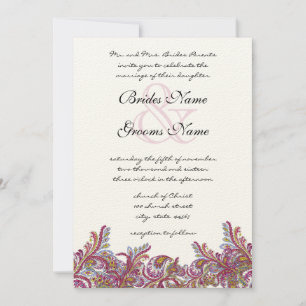Raspberry Paisley Damask Wedding Invitations Kaart