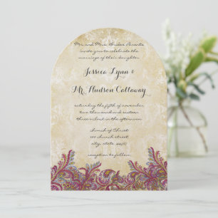 Raspberry Paisley Damask Wedding Invitations Kaart