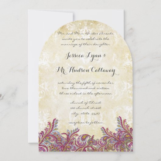Raspberry Paisley Damask Wedding Invitations Kaart (Voorkant)