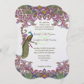 Raspberry Peacock Damask Wedding Invitations Kaart (Voorkant / Achterkant)