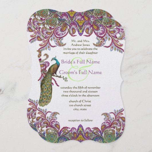 Raspberry Peacock Damask Wedding Invitations Kaart (Voorkant / Achterkant)