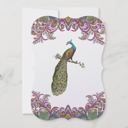 Raspberry Peacock Damask Wedding Invitations Kaart (Achterkant)