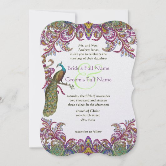 Raspberry Peacock Damask Wedding Invitations Kaart (Voorkant)