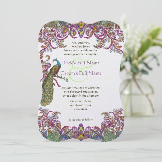 Raspberry Peacock Damask Wedding Invitations Kaart (Staand voorkant)