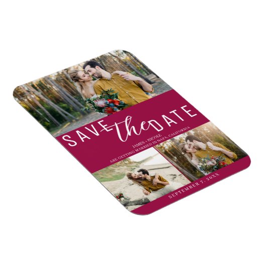 Raspberry Pink Bewaar de datum Bruiloft 3 foto's Magneet (Rechterzijde)