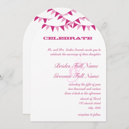 Raspberry Pink Bunting Pennant Wedding Invitations Kaart (Voorkant / Achterkant)
