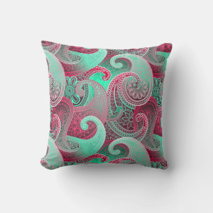 Raspberry Pink en Aqu Paisley Boho Damask Pattern Kussen