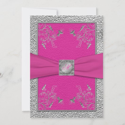 Raspberry Pink en Pewter Monogrammed Invitation Kaart (Voorkant)