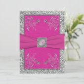 Raspberry Pink en Pewter Monogrammed Invitation Kaart (Staand voorkant)