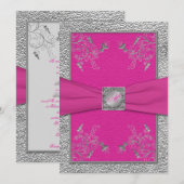 Raspberry Pink en Pewter Monogrammed Invitation Kaart (Voorkant / Achterkant)