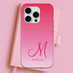 Raspberry Pink Gradient Aangepaste Monogram Naam iPhone 15 Pro Case